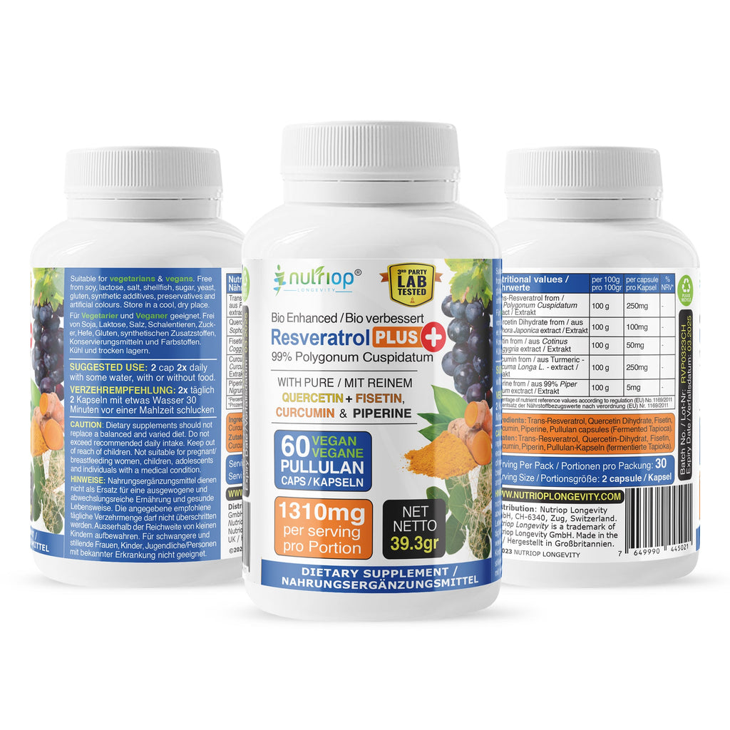 Bio-Enhanced Nutriop Longevity® Resveratrol PLUS with Pure Quercetin, Fisetin, Curcumin and Piperine - 1310mg per serving (x30)-4